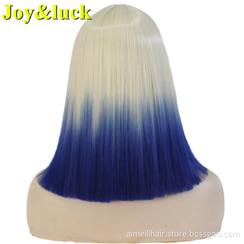 Women's Hairstyle Blonde Ombre Purple Ladies Party Wig With Bangs Short Natural Straight Cosplay Halloween Synthetic Hair Wigs